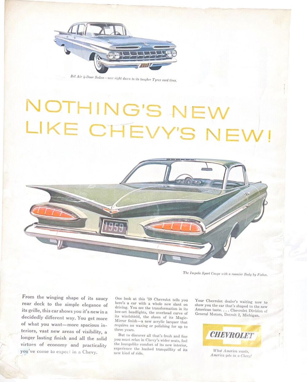 Vtg Chevrolet Impala Sports Coupe Print Ad 1959 1950 Bel Air Chevy Cars Green